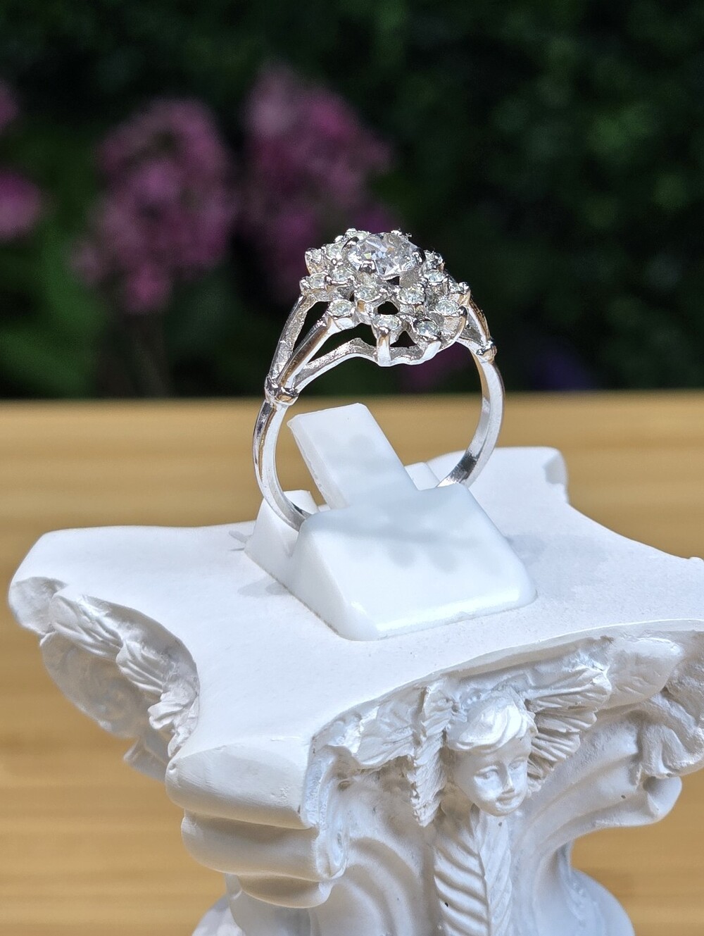 Classic Silver-Tone Floral Halo Ring with Clear Stones - Women Jewelry